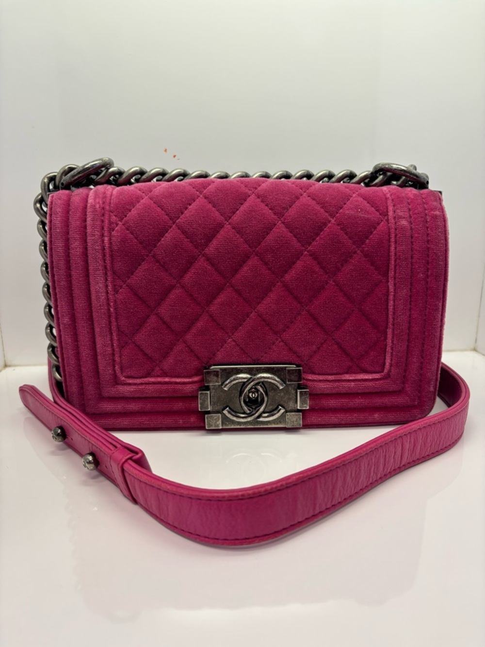 CHANEL Boy Bag Pink Velvet | Quilted | Silver Hardware | Rare